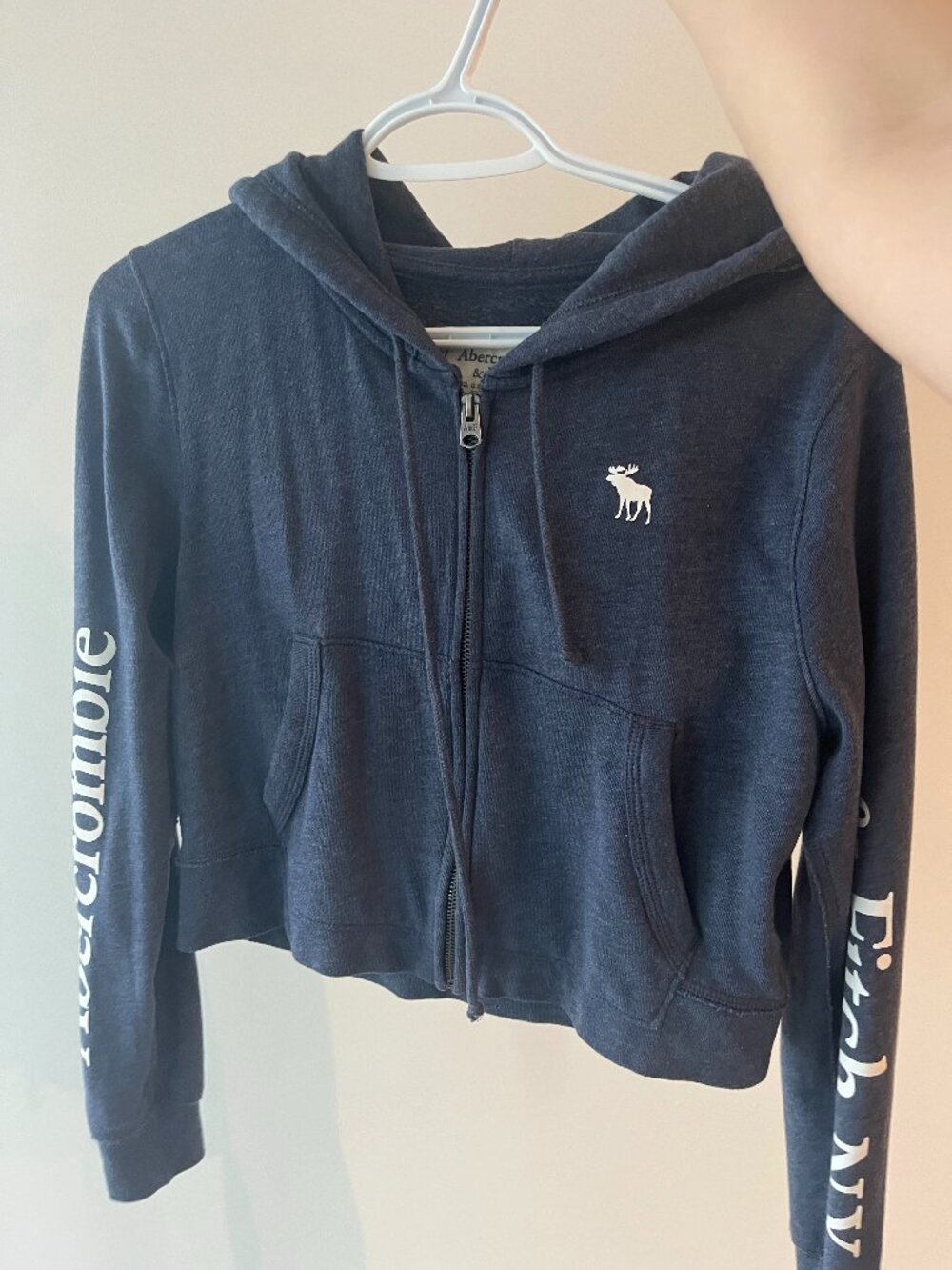Abercrombie & Fitch Y2K Navy Blue Cropped Full-Zip Graphic Hoodie Small